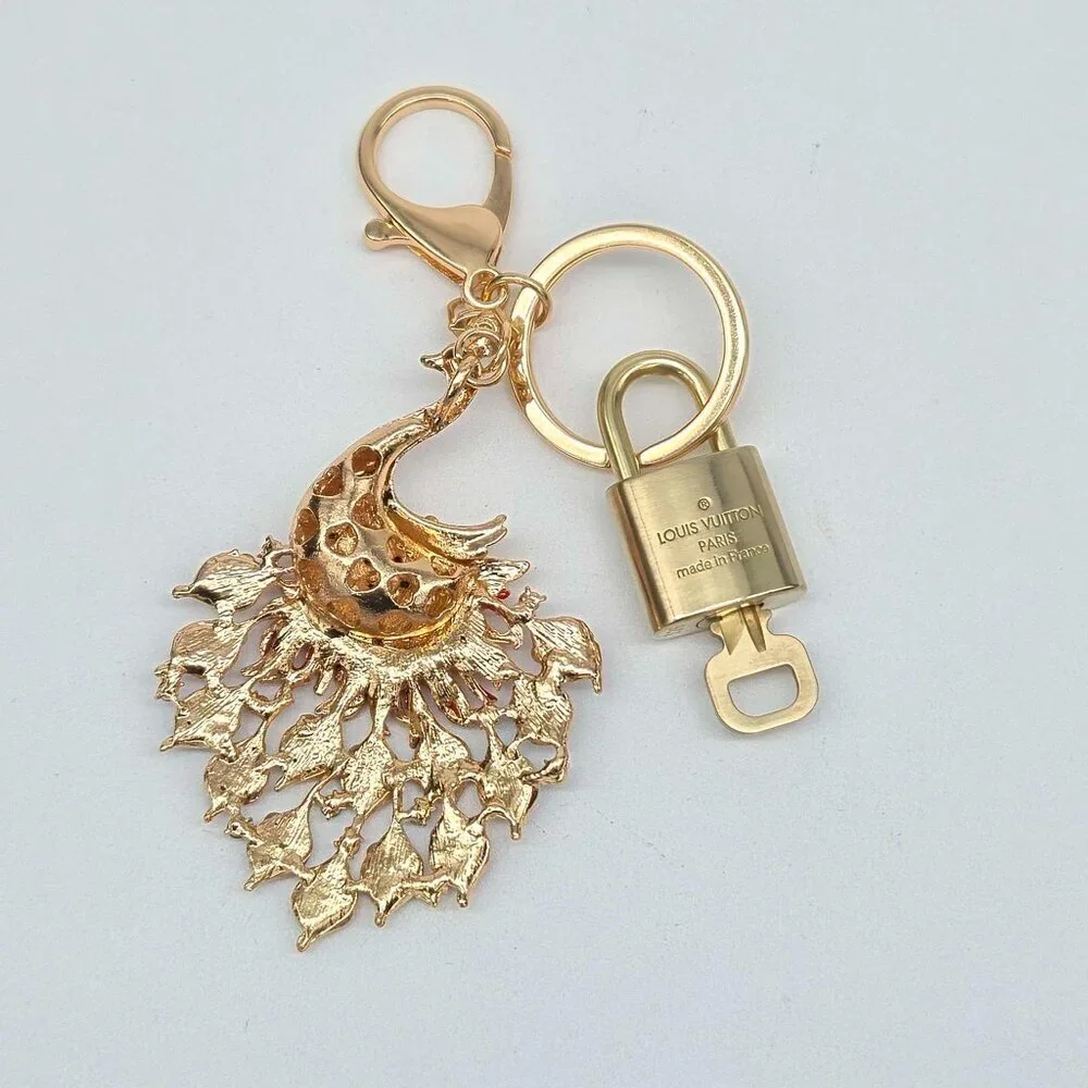 LV Gold Padlock Authentic 🔑 Luxury Bag Charm w/ Unbranded Peacock Keychain